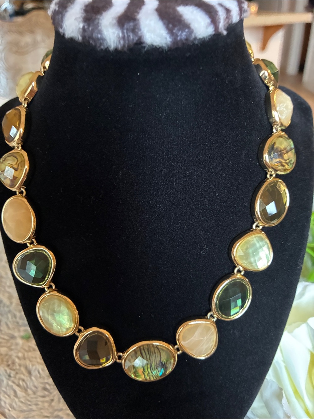 Nine West Gold-Tone Necklace with Iridescent Green and Champagne Stones